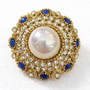 Gold Tone Pearl & Blue Rhinestone Brooch | Ornate Vintage-Inspired Statement Pin